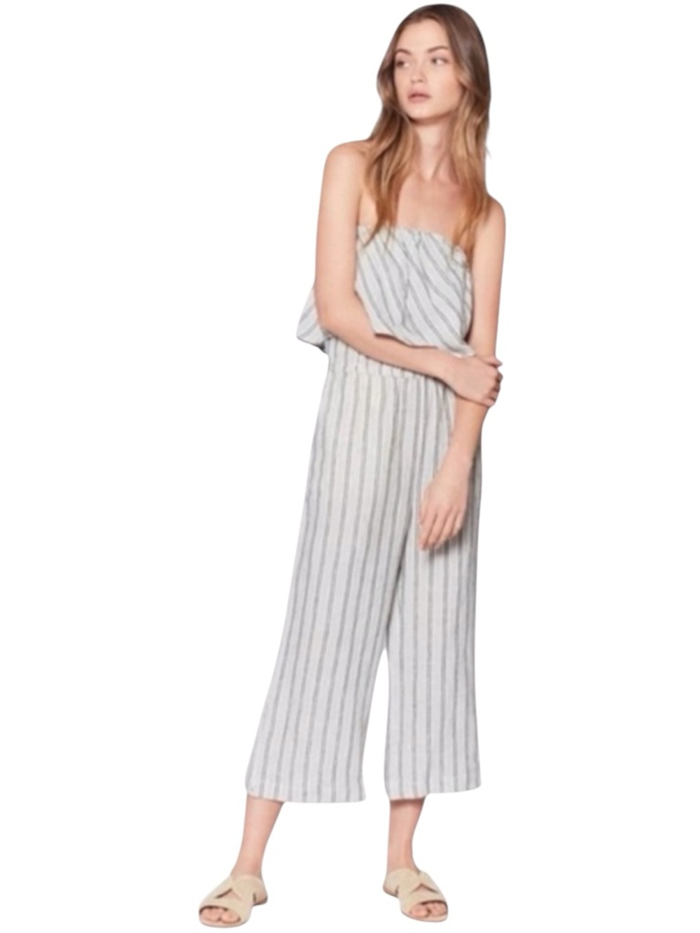 JOIE Brogan Linen Striped Strapless Wide Leg Jumpsuit in Green/Ivory Size Small - Picture 2 of 12